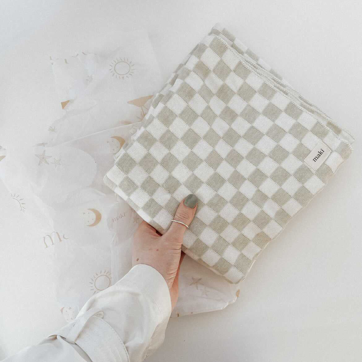 Knit Blanket - Sage/White Checkerboard