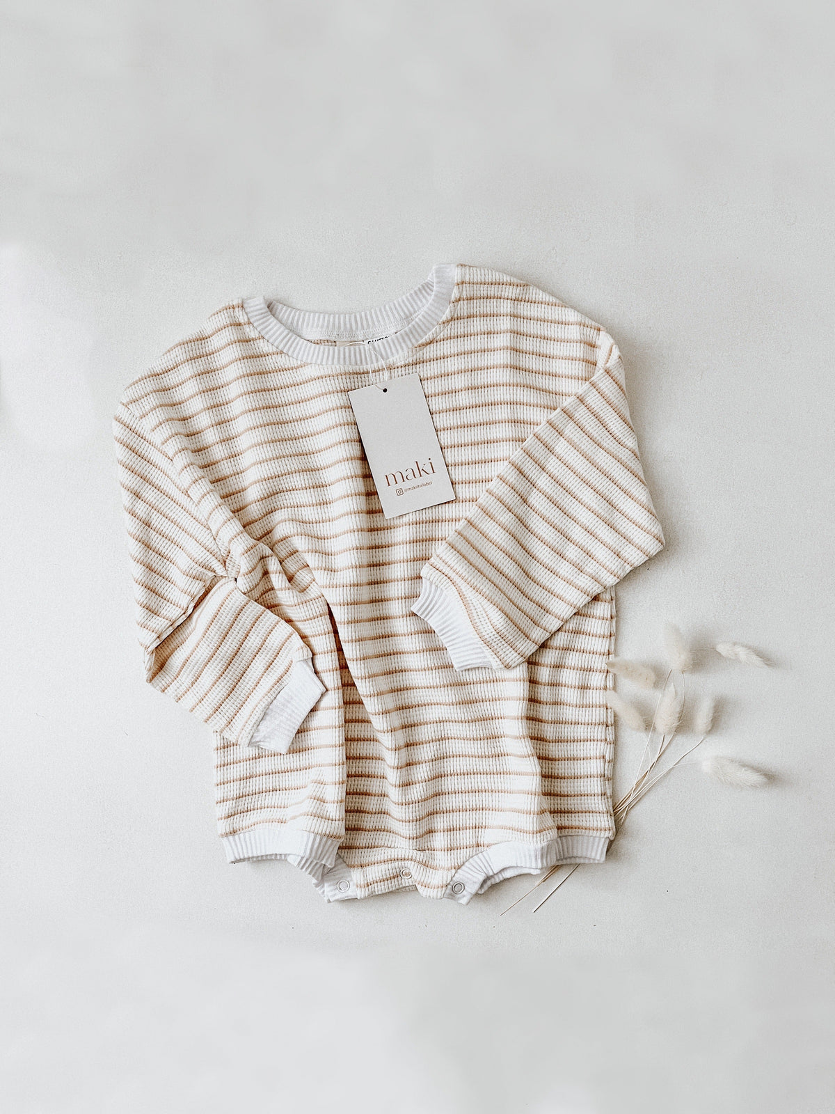 Beige Stripe Waffle Romper $56 down to $30 | maki