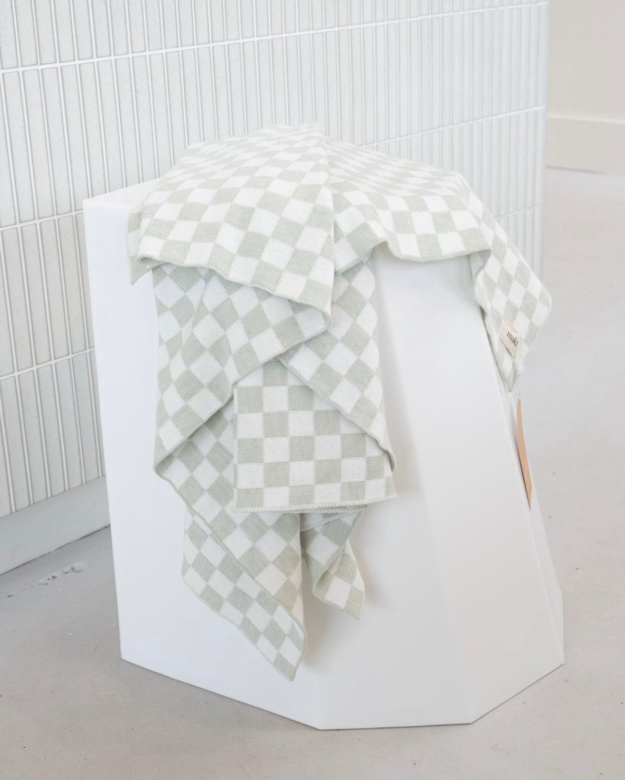 Knit Blanket - Sage/White Checkerboard